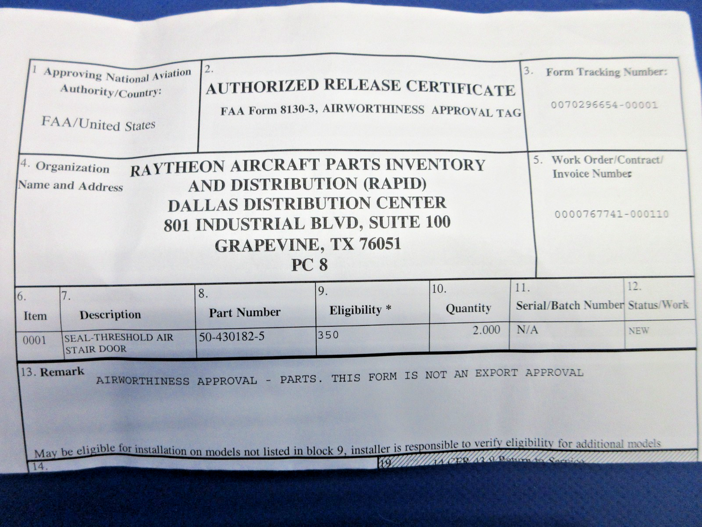 Beech King Air Threshold Seal w/8130 P/N 50-430182-5 LOT OF 2 NOS (0326-720)1
