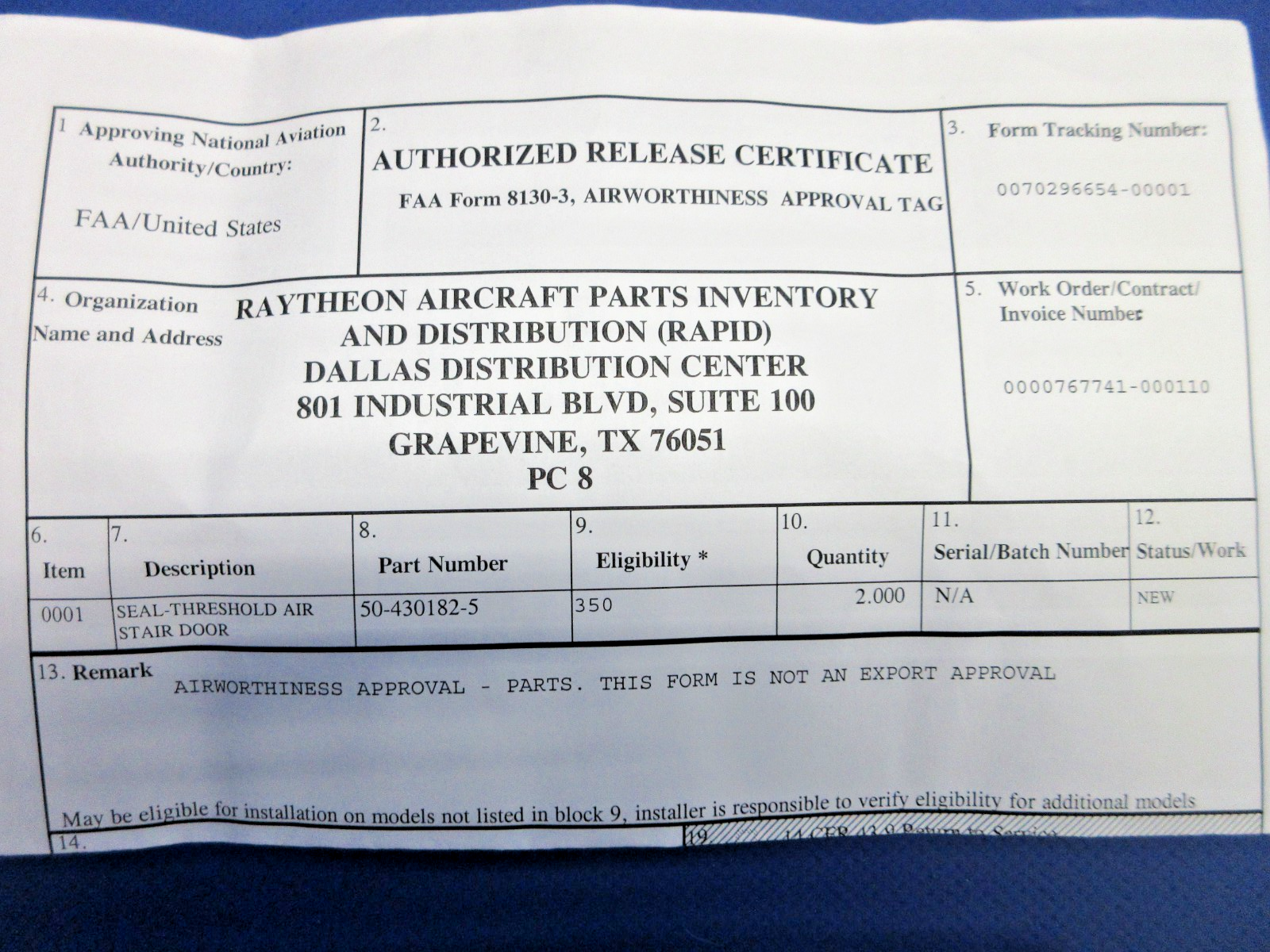 Beech King Air Threshold Seal w/8130 P/N 50-430182-5 LOT OF 2 NOS (0326-720)1