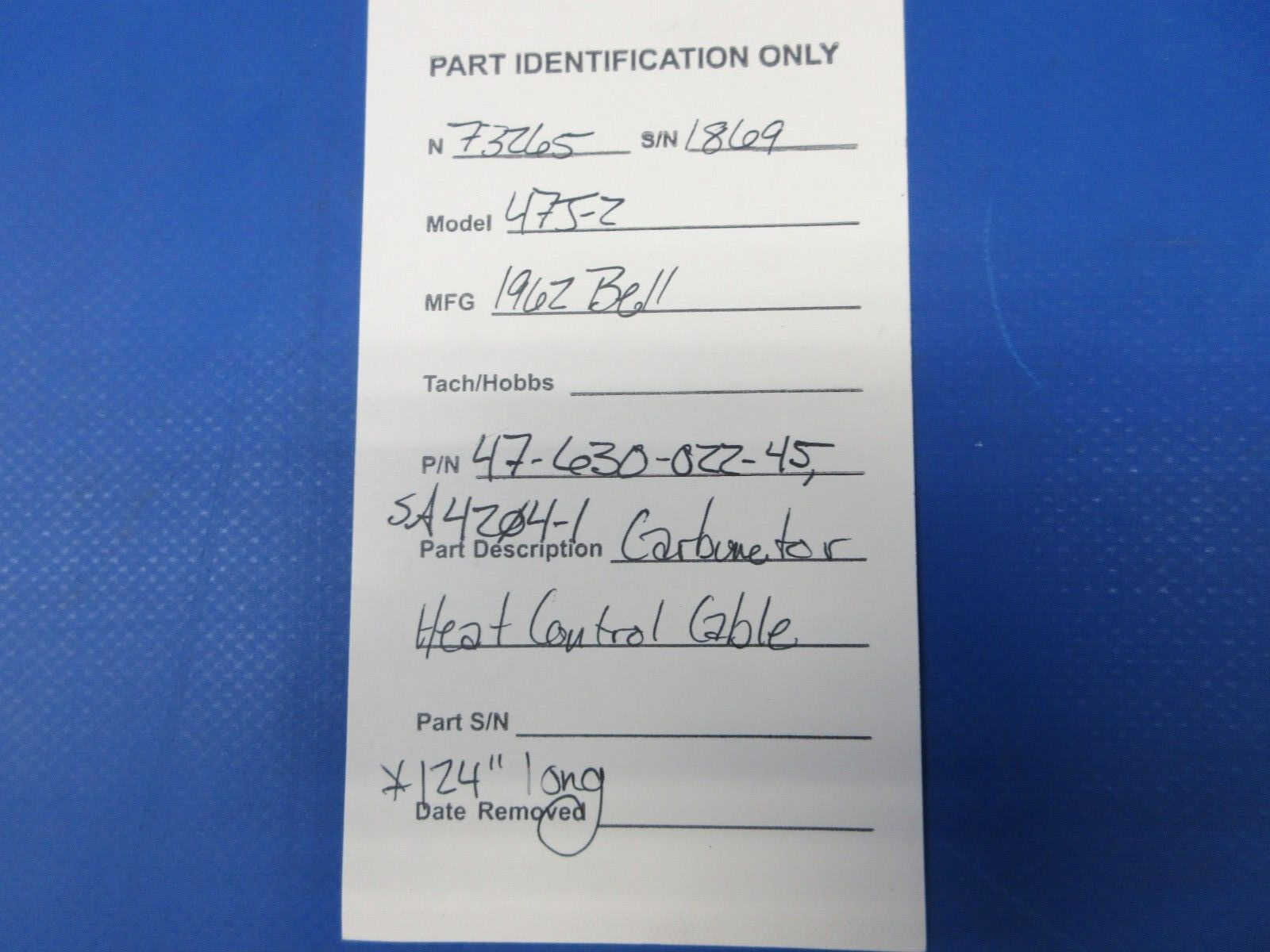 Bell 47J-2 Helicopter Carburetor Heat Control Cable P/N 47-630-022-4 (1124-1360)8