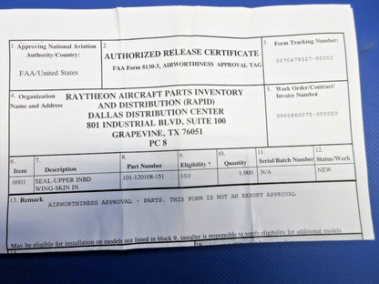 Beech King Air Wing Seal P/N 101-120108-151 LOT OF 2 NOS (0426-837)2