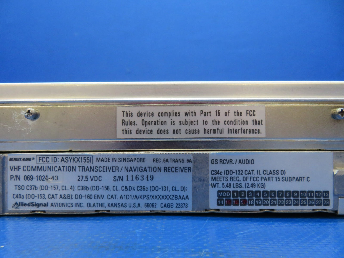 Bendix/King KX155 NAV/COMM w Connector 28V 069-1024-43 TESTED w/ 8130 (0125-196)2