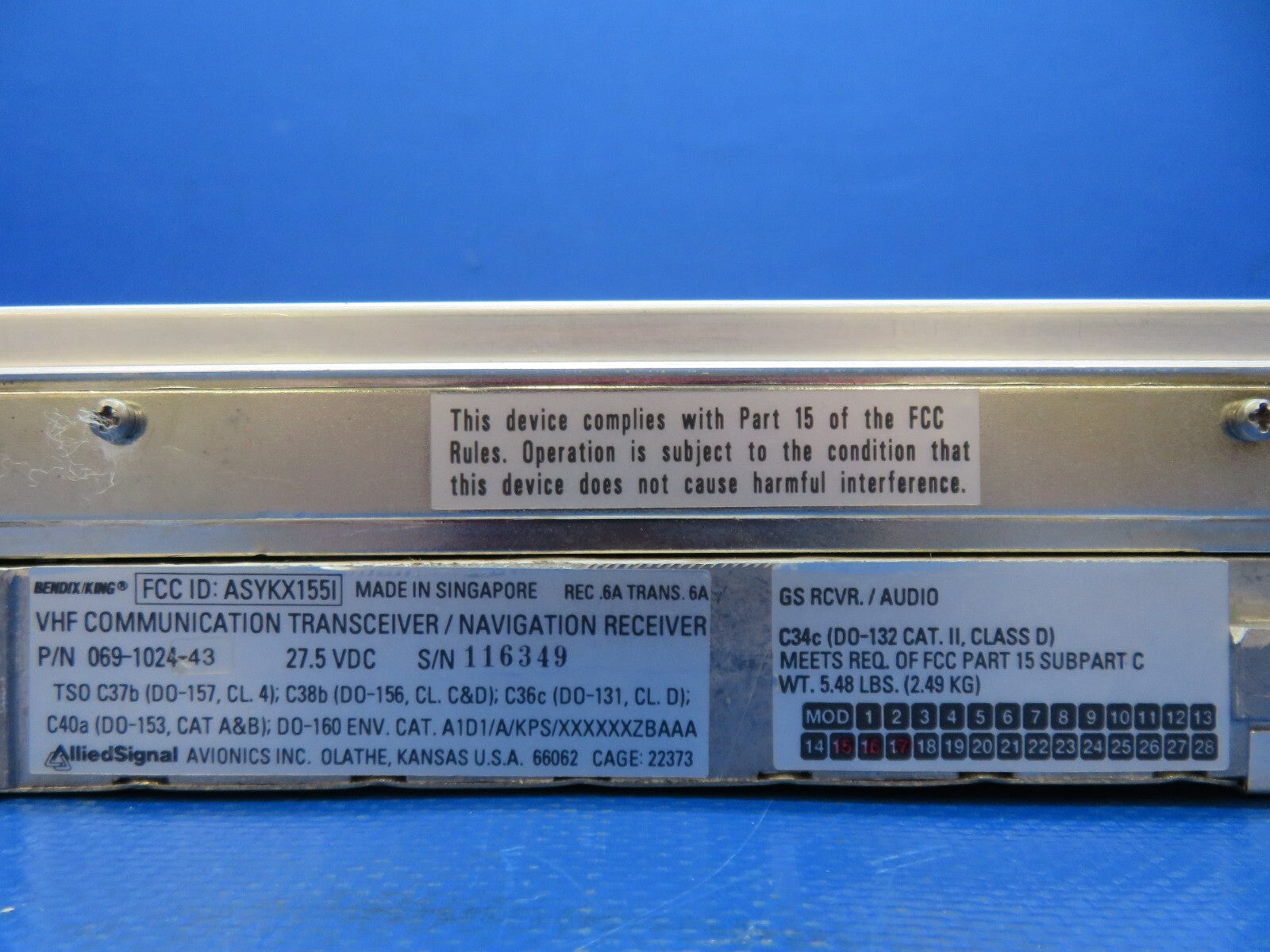 Bendix/King KX155 NAV/COMM w Connector 28V 069-1024-43 TESTED w/ 8130 (0125-196)2