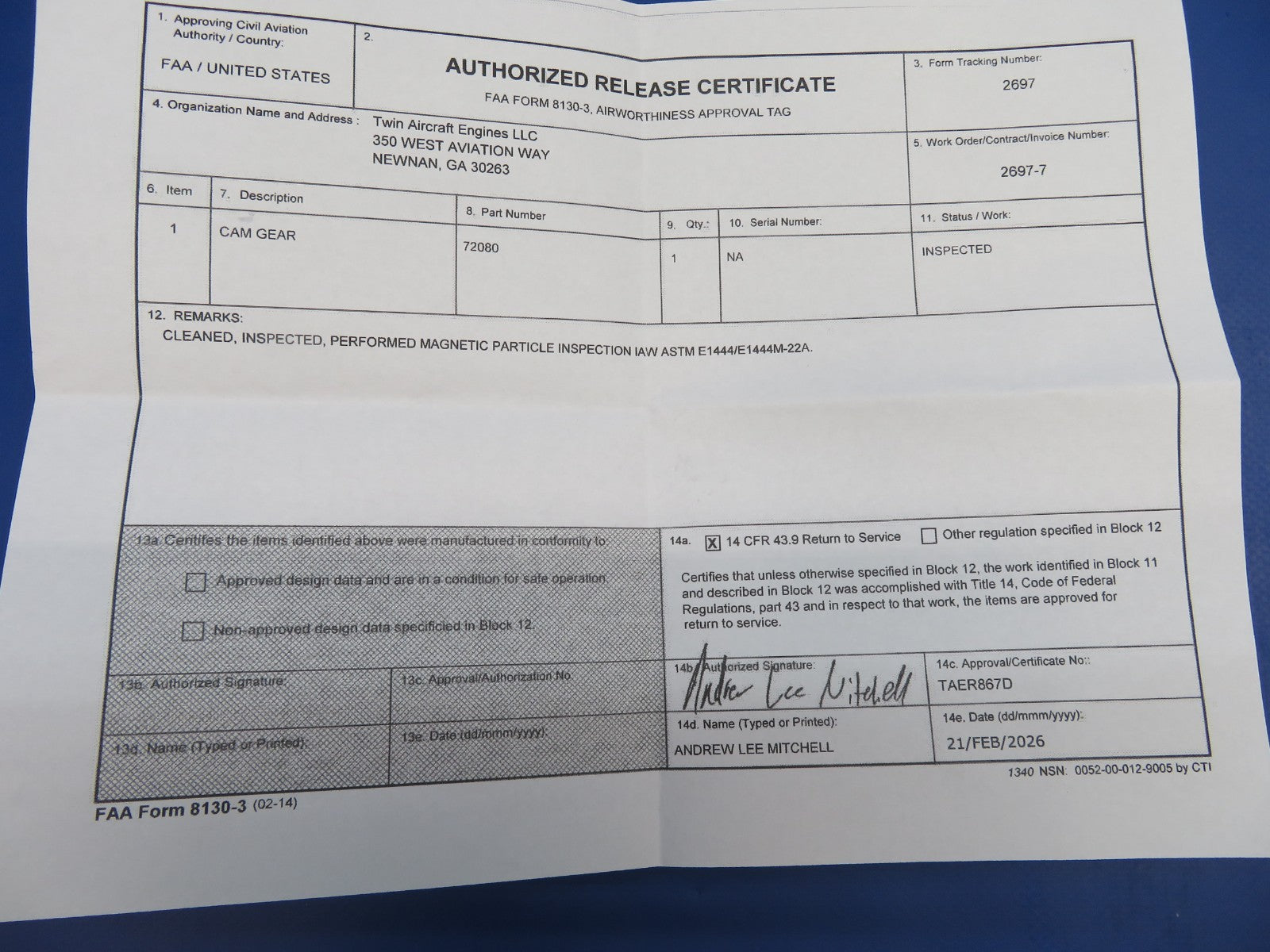 Lycoming Camshaft Gear P/N 72080 Inspected w/ 8130 (0326-1712)2