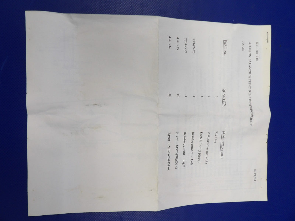 Piper PA-38-112 Aileron Balance Reinforcement "Complete" Kit 764-140 (0526-1419)4