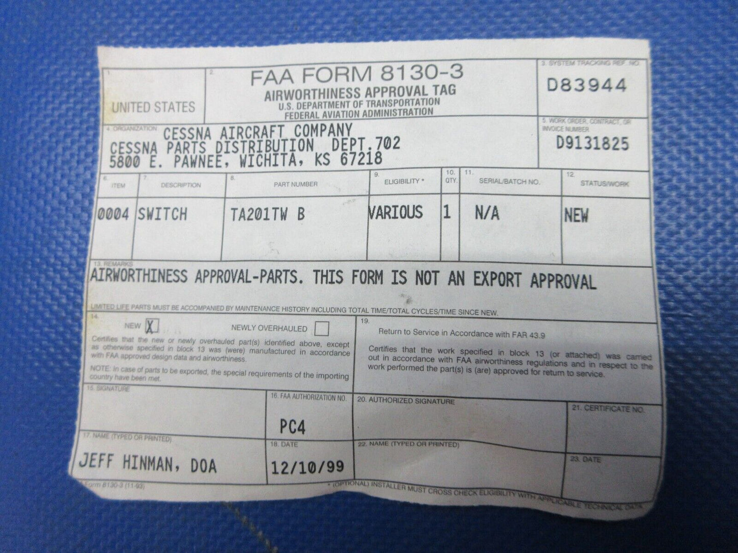 Cessna Carling Switch w/ 8130 P/N TA201TW-B LOT OF 11 NOS (1024-1382)