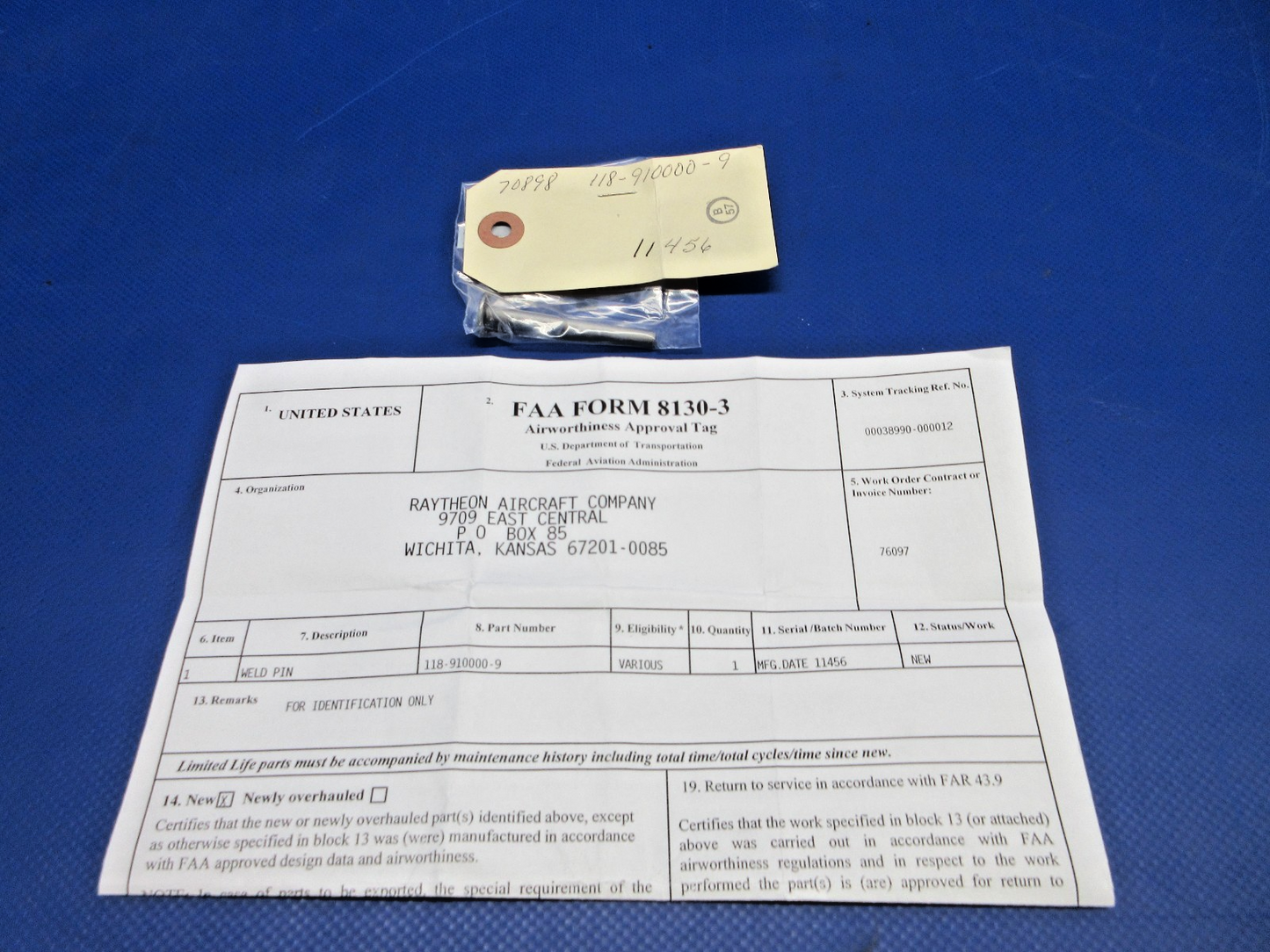 Beech King Air Powerplant Weld Pin w/8130 P/N 118-910000-9 NOS (0426-829)0