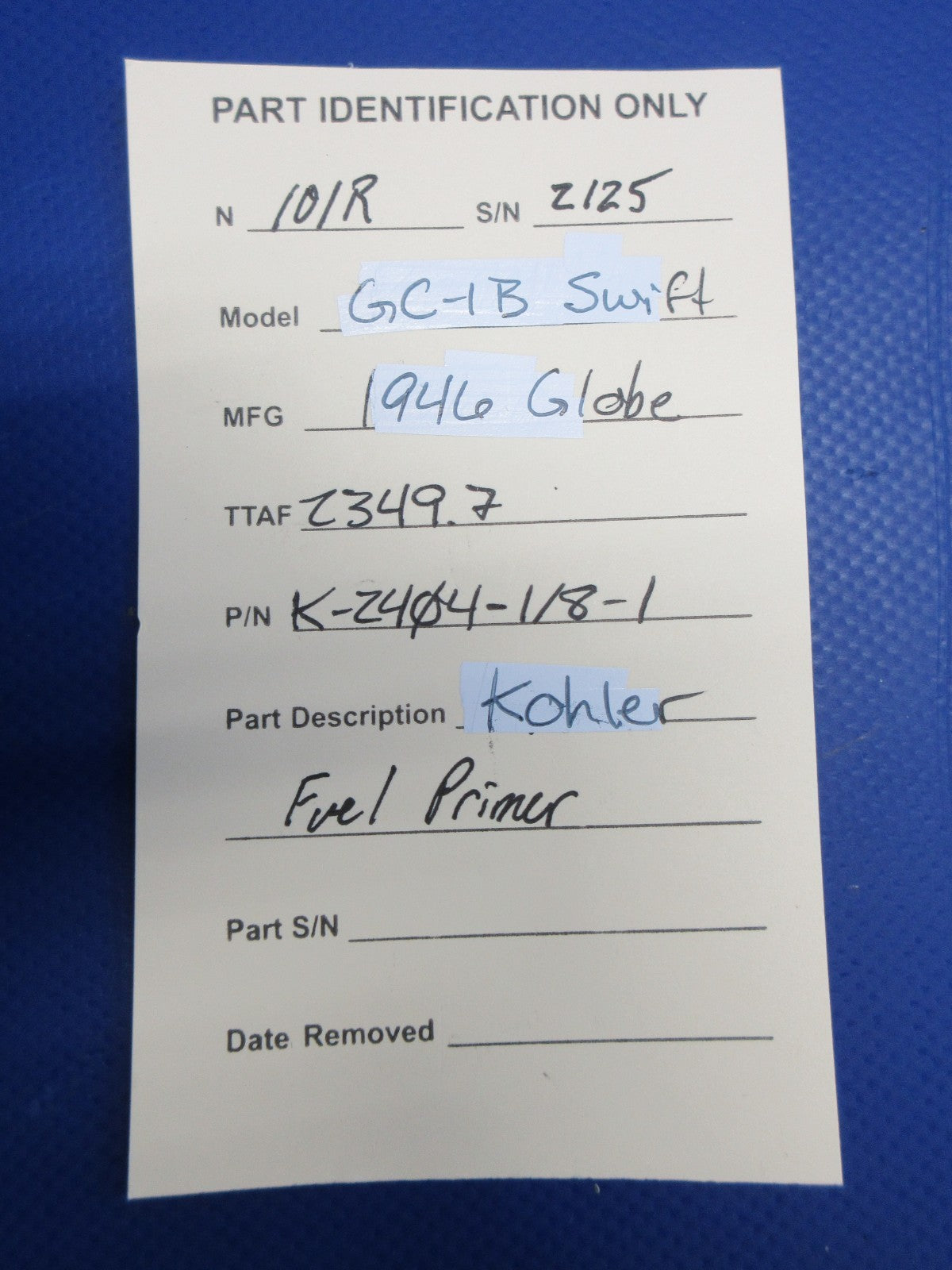 Globe GC-1B Swift Kohler Fuel Primer P/N K-2404-1/8-1 (0326-808)10