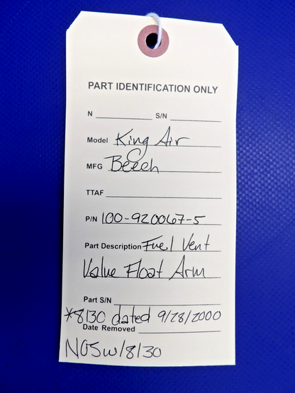 Beech King Air Fuel Vent Valve Float Arm NOS w/8130 P/N 100-920067-5 (0326-1243)11