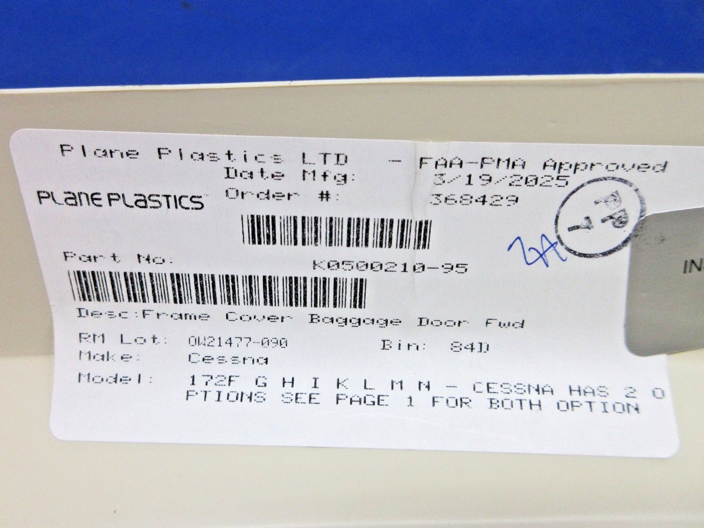 Cessna 172 Texas Aero FWD Baggage Door Frame Cover K0500210-95 NOS (0726-893)4