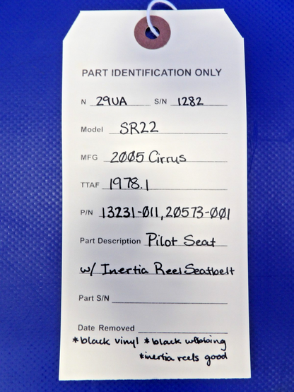 Cirrus SR22 Pilot Seat w/ Inertia Reel Seatbelt P/N 13231-011 (0926-1228)18