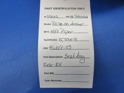 Piper PA-28-181 Archer Seat Assy Rear RH P/N 96827-23 (0624-1386)