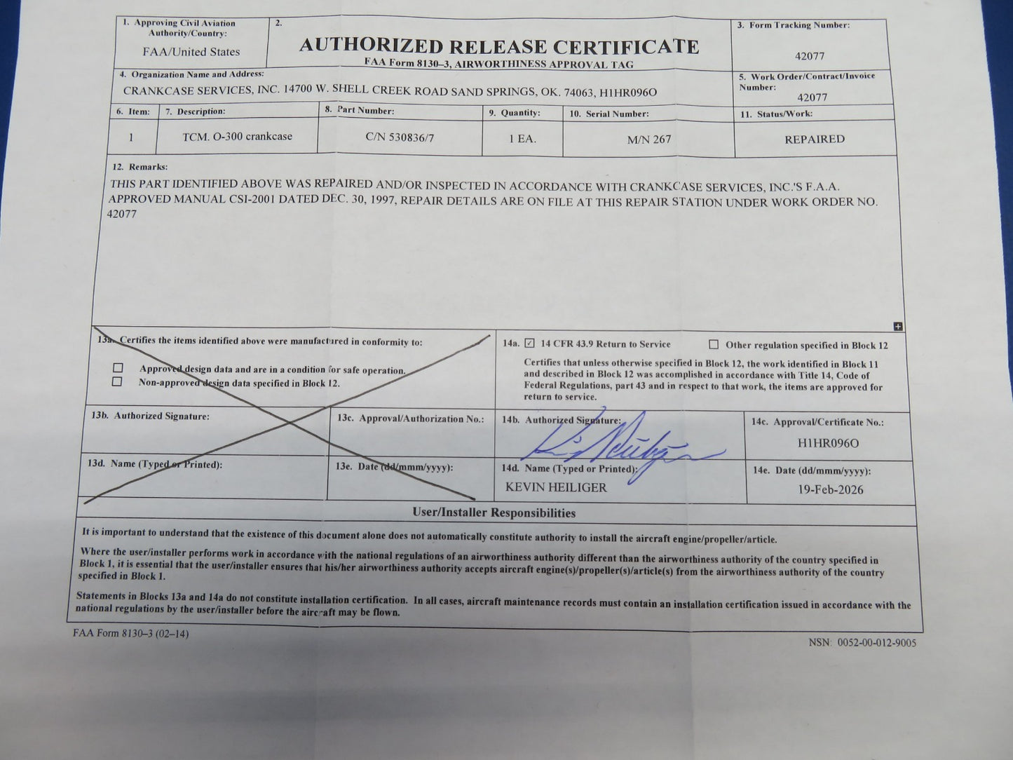 Continental O-300-D Crankcase P/N 530836, 530837 REPAIRED w/ 8130 (0326-1768)1