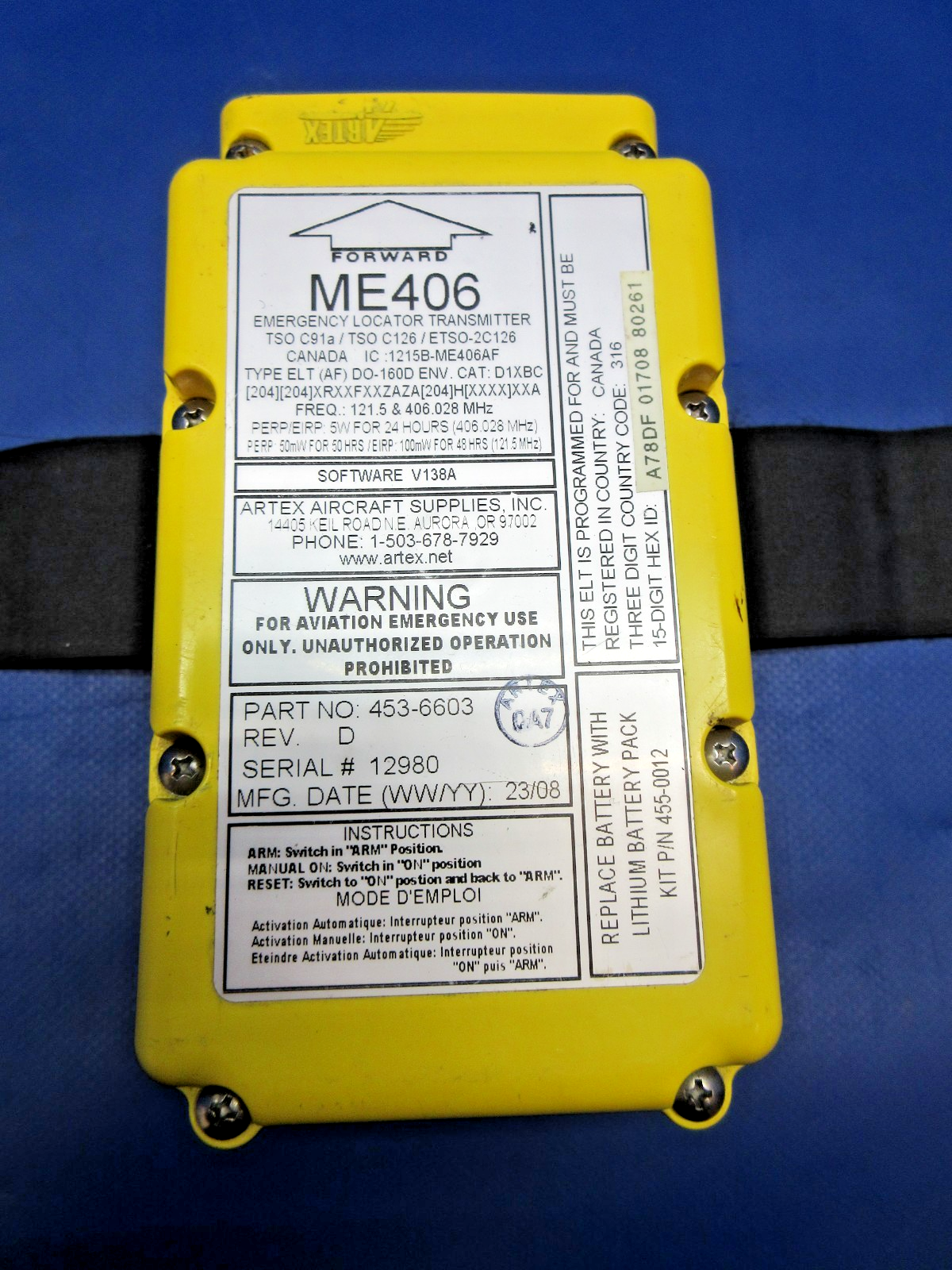 Artex ELT ME-406 w/Tray, Remote Switch & Antenna P/N 453-6603 TESTED (0426-812)16