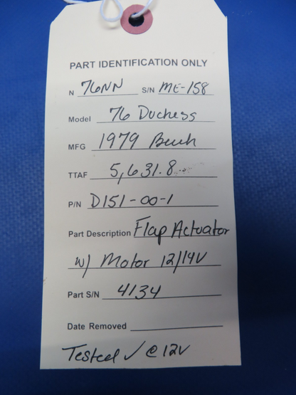 Beech 76 Duchess Flap Actuator w/ Motor 12/14v P/N D151-00-1 TESTED (0326-102)19
