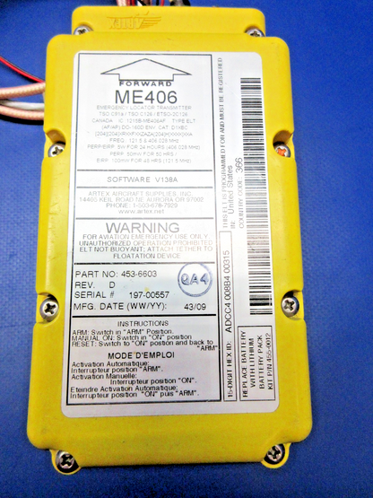Artex ME406 ELT w/Tray, Remote Switch 453-6603 TESTED (0426-810)4