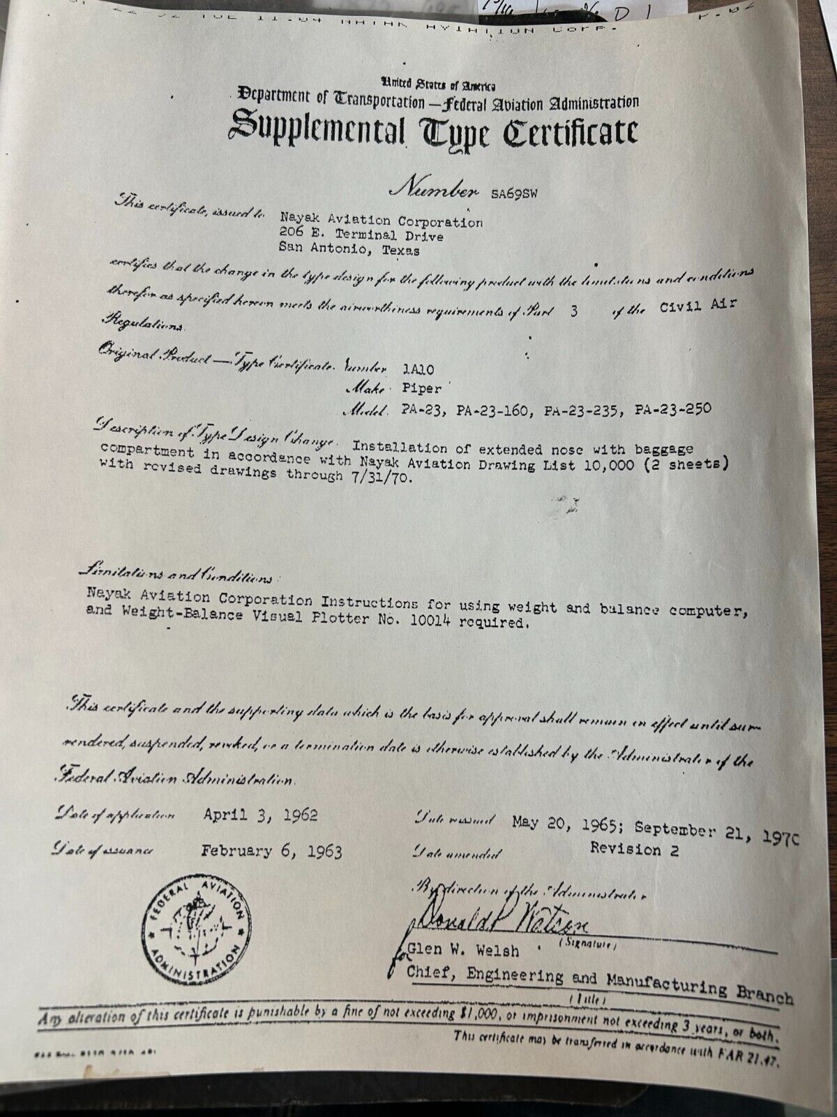 Piper PA-23 Nayak Aviation Extended Nose and Baggage Compartment (0424-98)