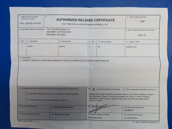 Continental Shaft  P/N 626162 Inspected w/ 8130 (0724-1890)