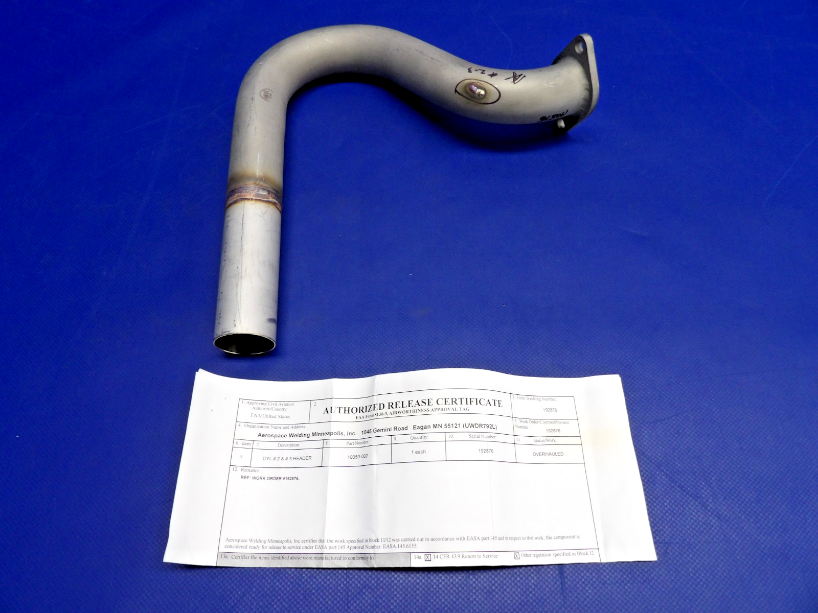 Cirrus SR20 Exhaust Header Cylinder #2 / #3 w/ 8130 P/N 10353-002 OH (0426-1306)0