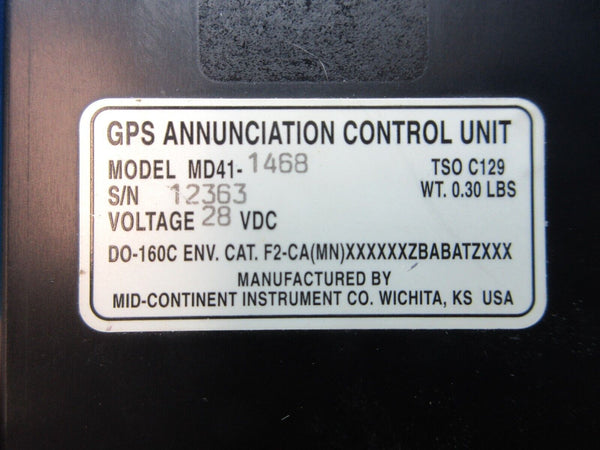 Mid-Continent GPS Annunciation Control Unit 28v MD41-1468 WARRANTY (1224-1345)