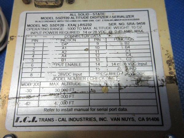 Trans-Cal All Solid State SSD120 Altitude Digitizer P/N 3230008-3 (0724-1394)