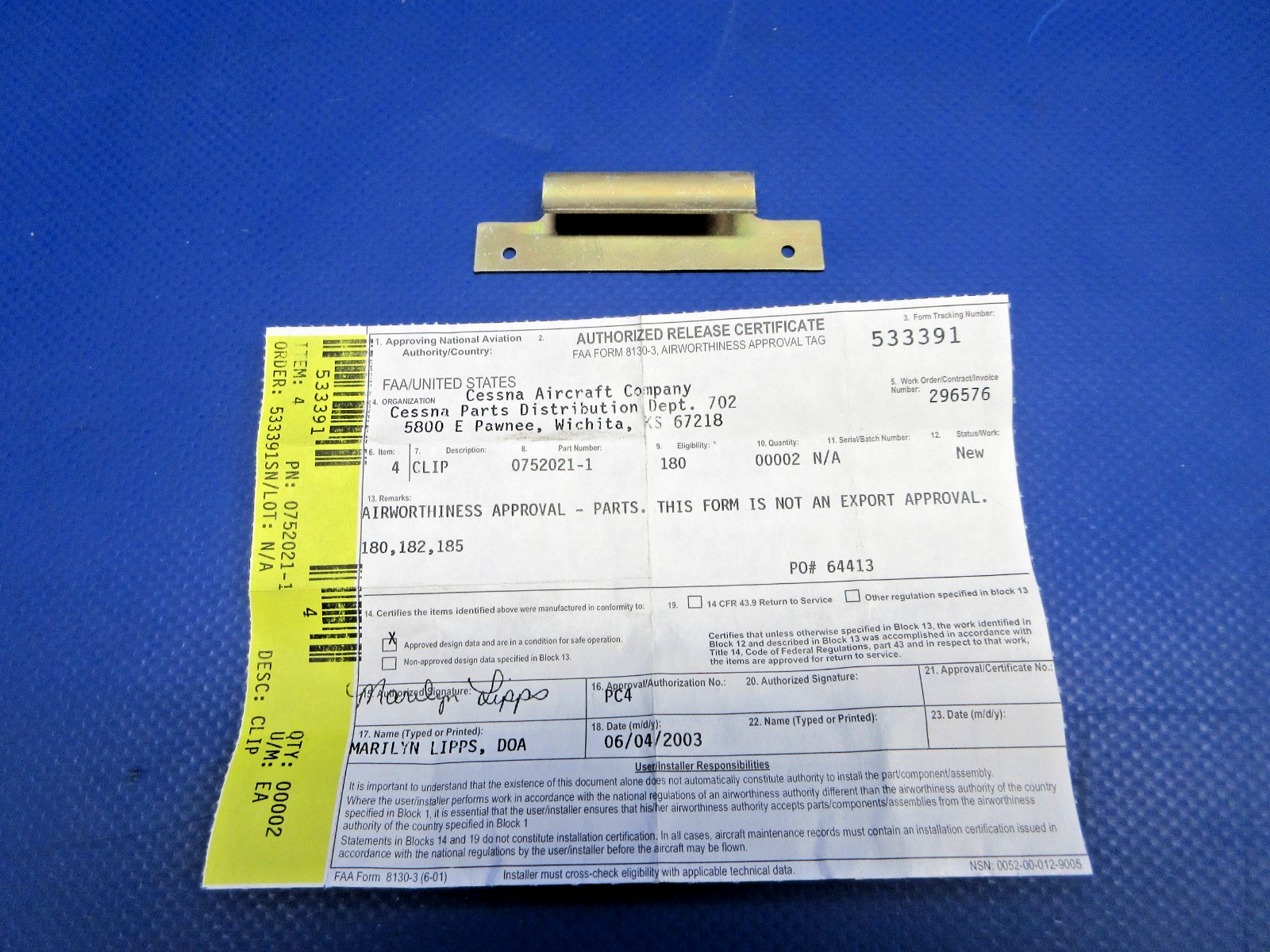 Cessna 180 / 182 Air Box Expander Boot Clip w/8130 P/N 0752021-1 NOS (0426-717)1