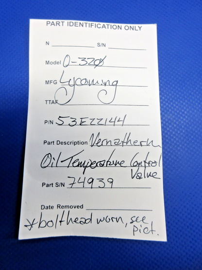 Lycoming O-320 Vernathern Oil Temperature Control Valve P/N 53E22144 (0226-995)12