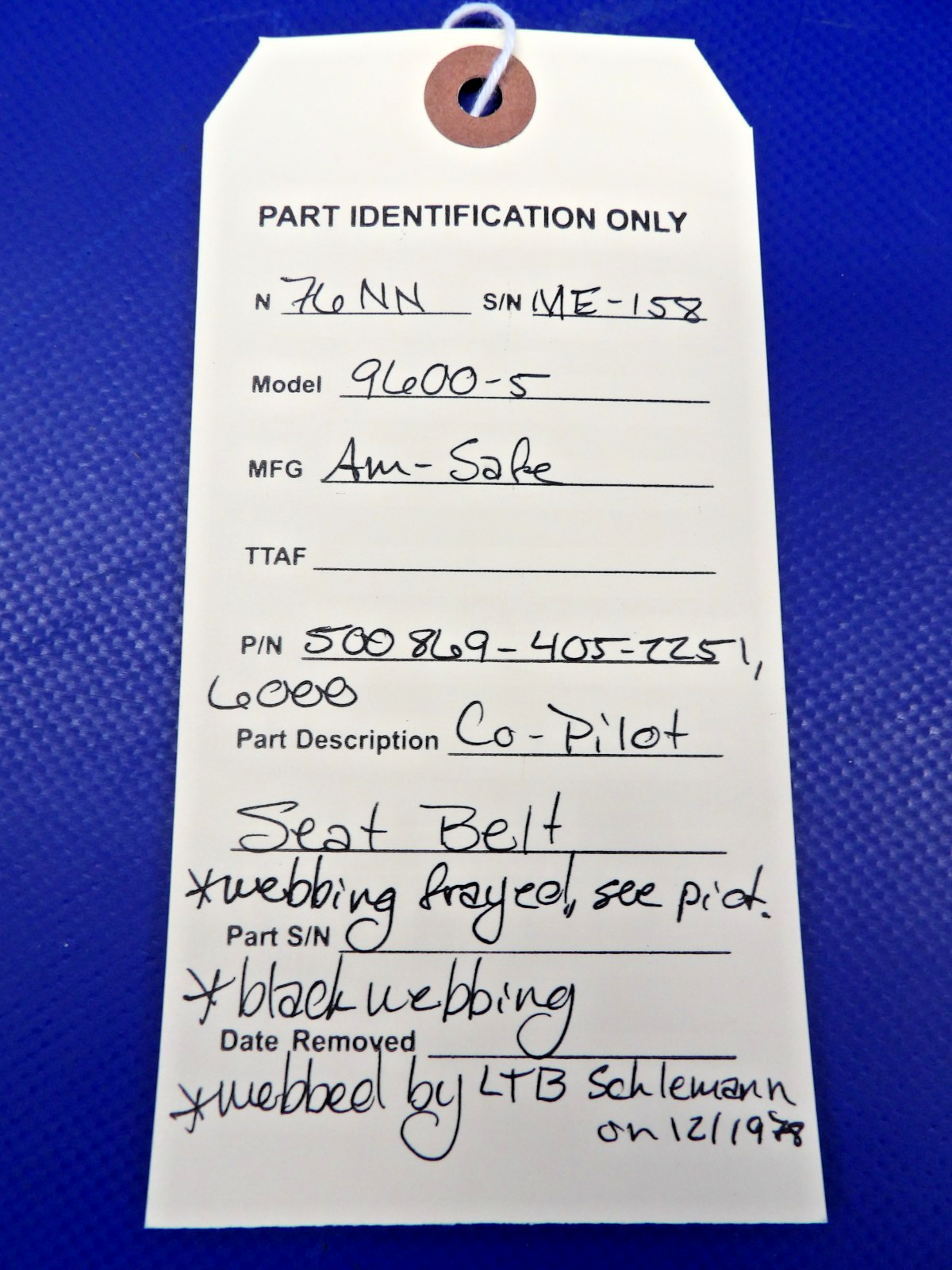 Beech 76 Duchess Co-Pilot Seat Belt P/N 500869-405-2251 (0526-1303)9