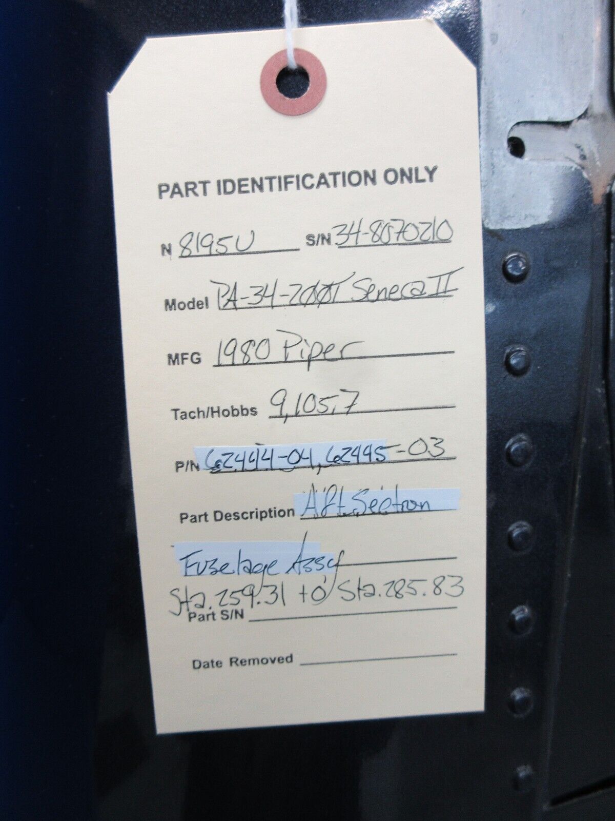 Piper PA-34-200T Seneca II Aft Section Fuselage Assy P/N 62444-04 (0524-630)