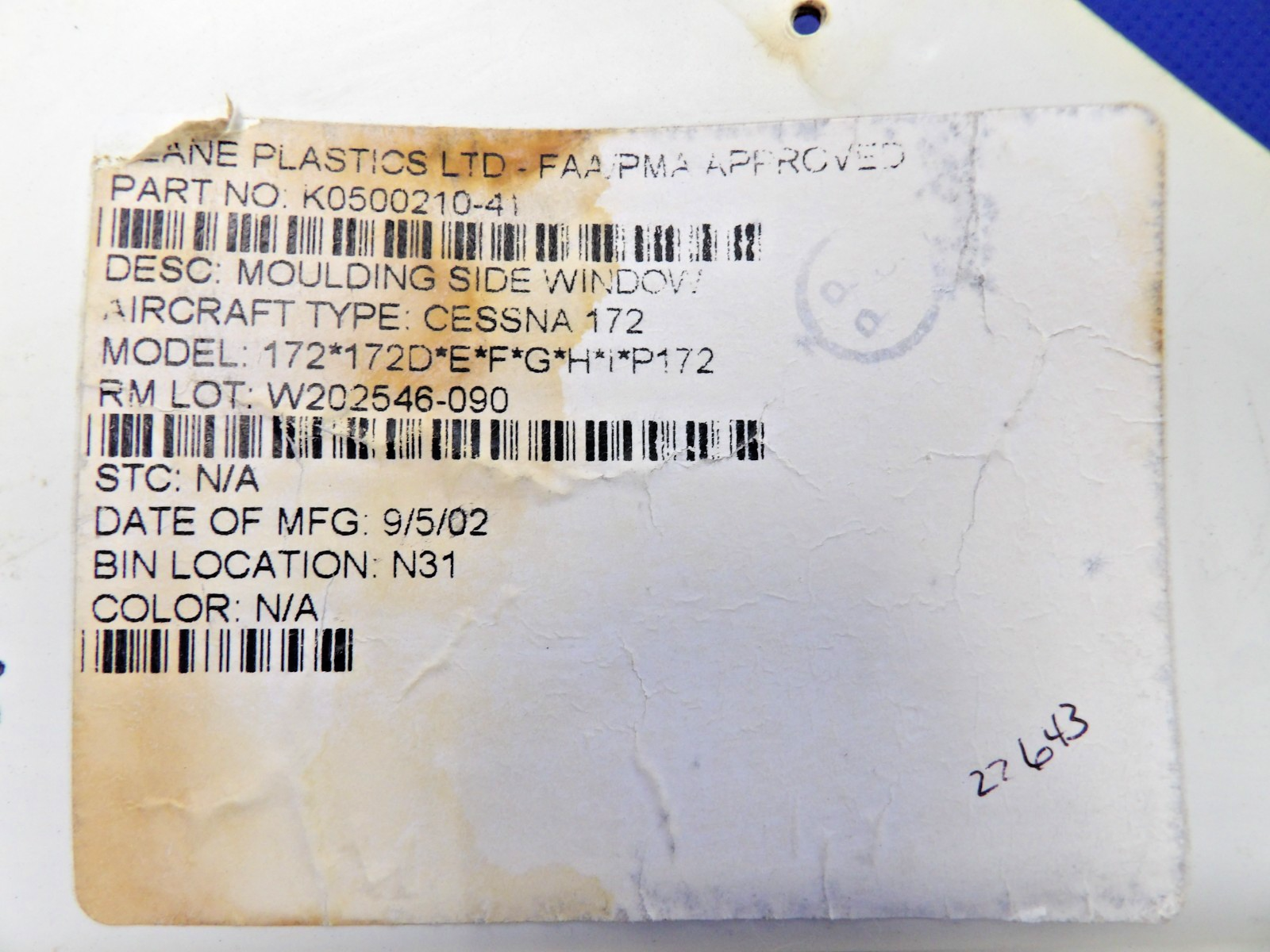 Cessna 172 / 172G RH + LH Rear Window Mouldings P/N 0500210-40 & -41 (0326-2029)2