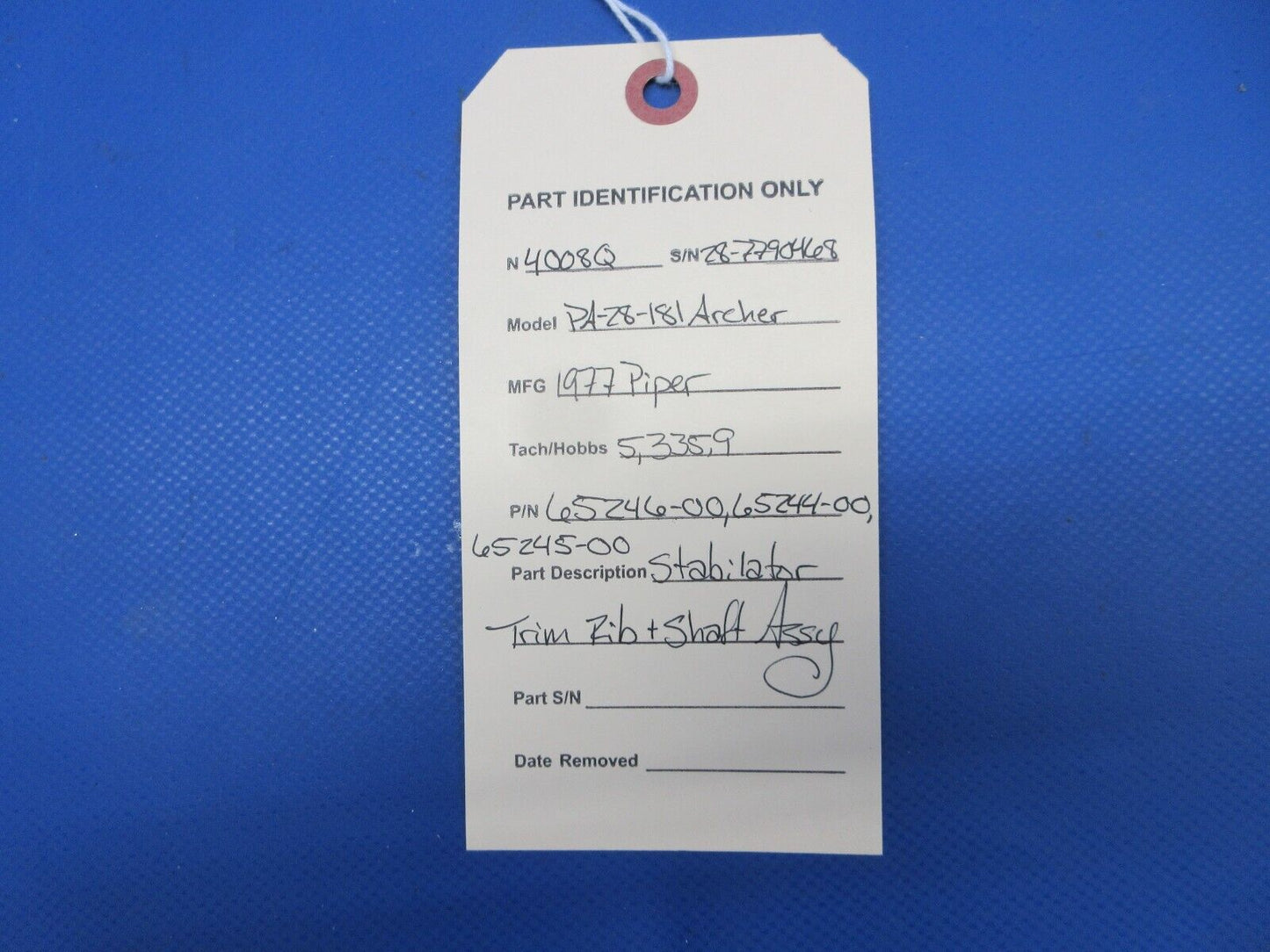 Piper PA-28-181 Archer Stabilator Trim Rib & Shaft Assy P/N 65246-00 (0624-2053)