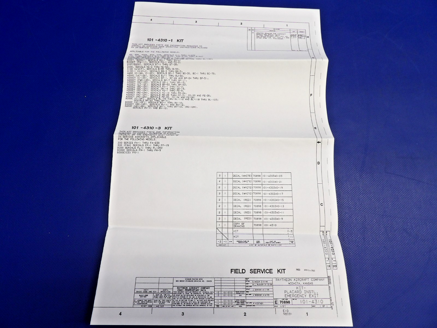 Beech King Air Emergency Exit Placard Kit w/ 8130 P/N 010-4310-3 NOS (0426-1301)5
