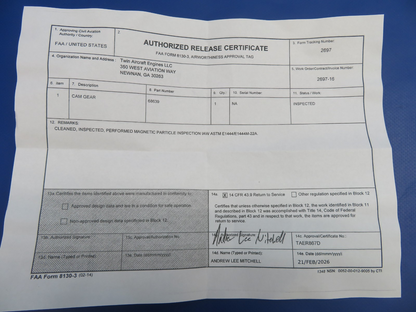 Lycoming Camshaft Gear P/N 68639 Inspected w/ 8130 (0326-1702)1