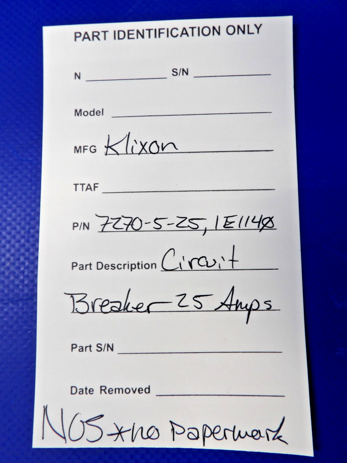 Klixon Circuit Breaker 25 Amps P/N 7270-5-25 NOS (0426-1282)10