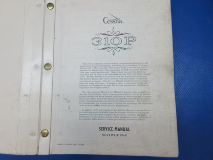Cessna 310P & T310P 1968 Service Manual P/N D-656-13 (0924-1462)