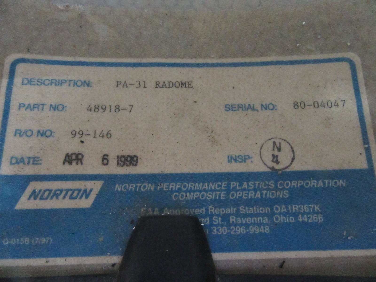 Piper PA-31T1 Cheyenne Norton Radome Nose Cone P/N 48918-7 (0426-15)2