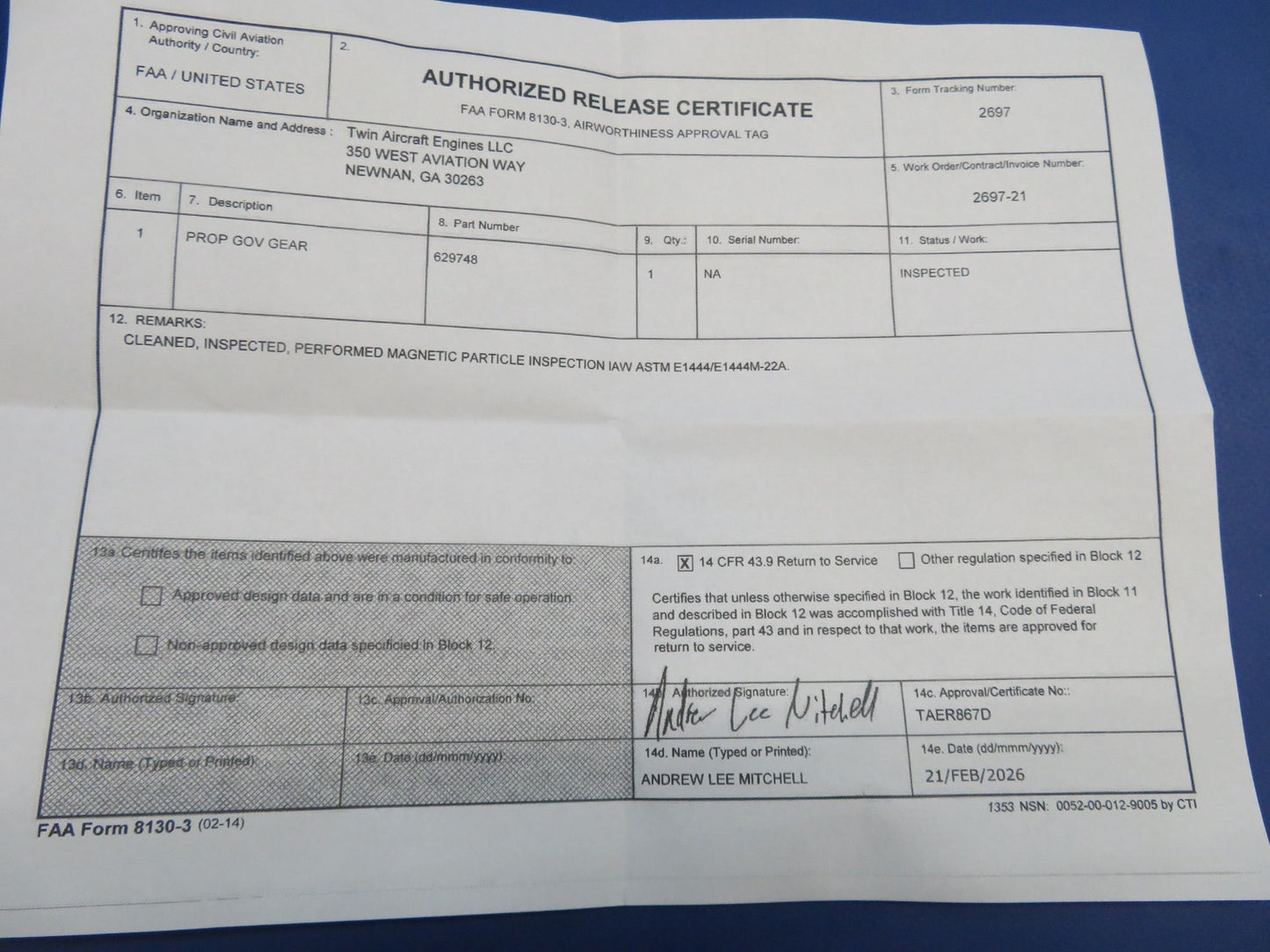 Continental Prop Governor Bevel Gear P/N 629748 Inspected w/ 8130 (0326-1701)1