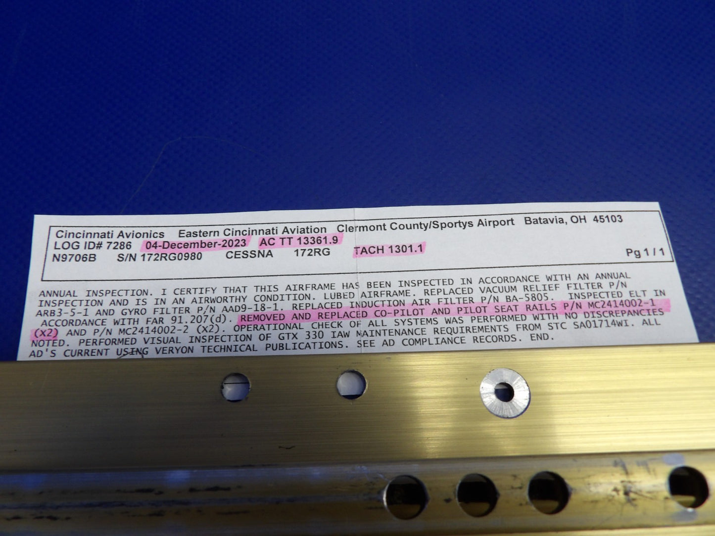 Cessna 172RG McFarlane LH INBD/RH OTBD Seat Rail P/N MC2414002-1 (0626-1492)3