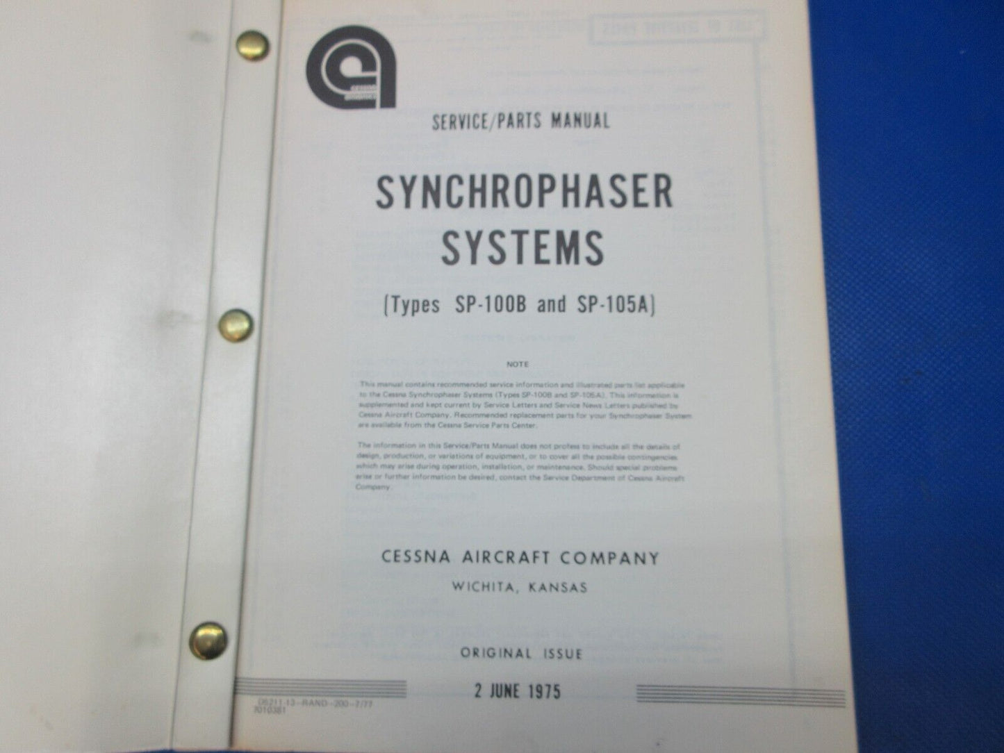 Cessna Synchrophaser Systems SP-100B & SP-105A Service / Parts Manual (1024-1308