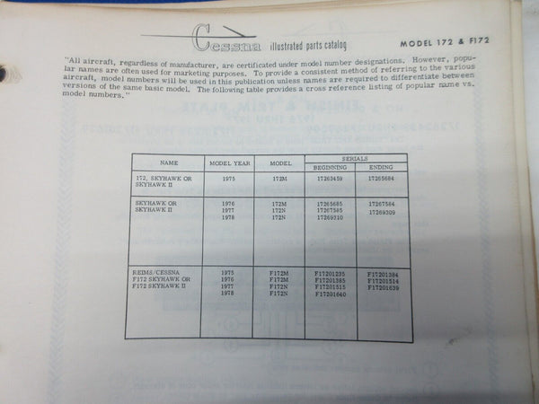 Cessna 172 & 172F 1975 thru 1978 Parts Catalog (1024-1282)