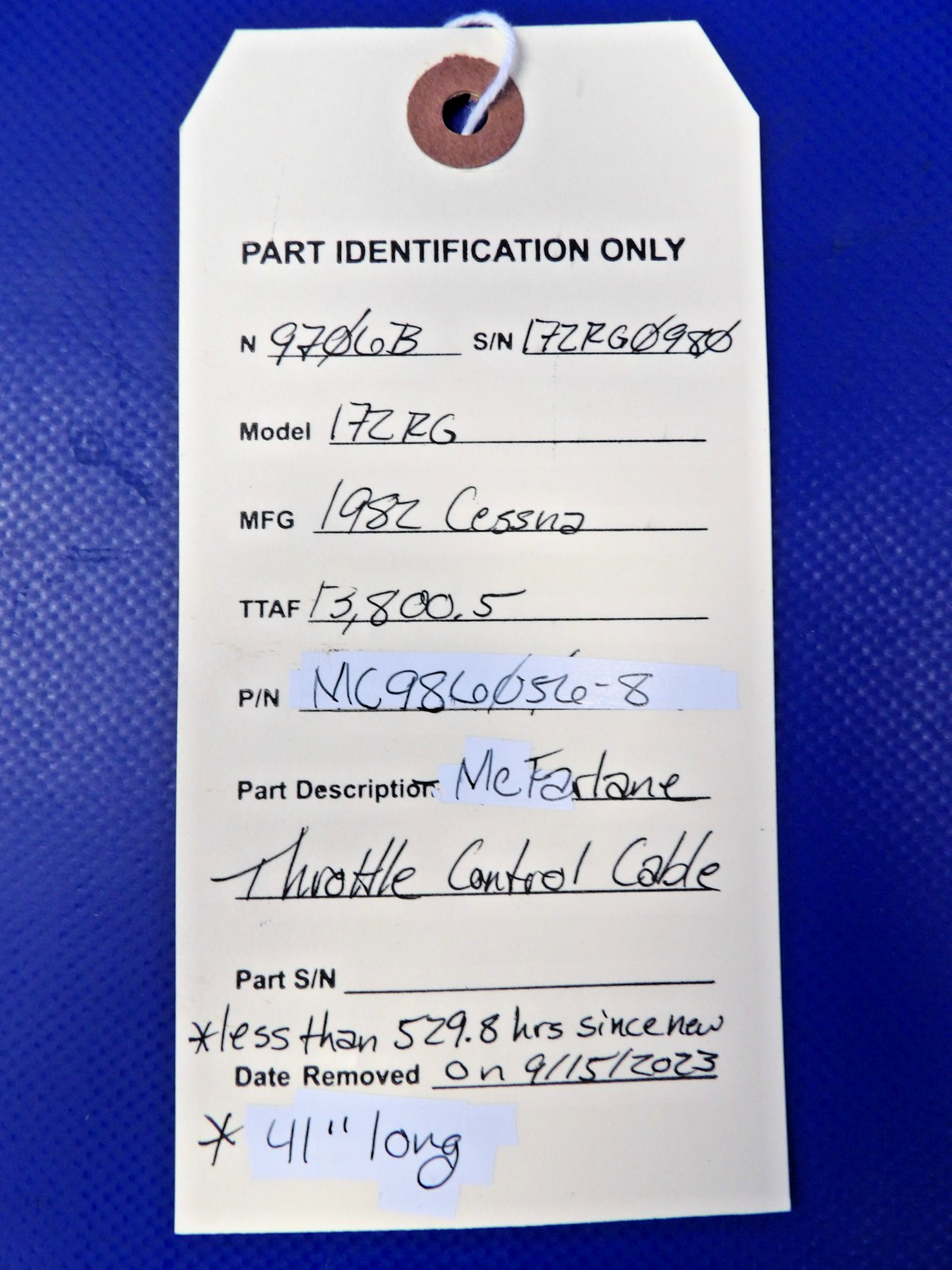 Cessna 172 / 172RG McFarlane Throttle Control Cable P/N MC986056-8 (0726-1220)9