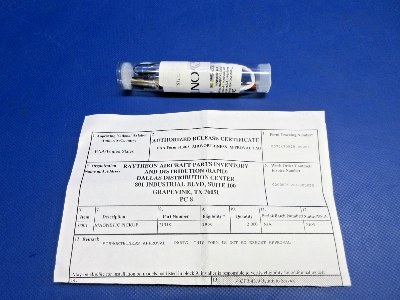 Beech Propeller Synchrophaser Magnetic Pickup w /8130 P/N 213181 NOS (0426-839)0