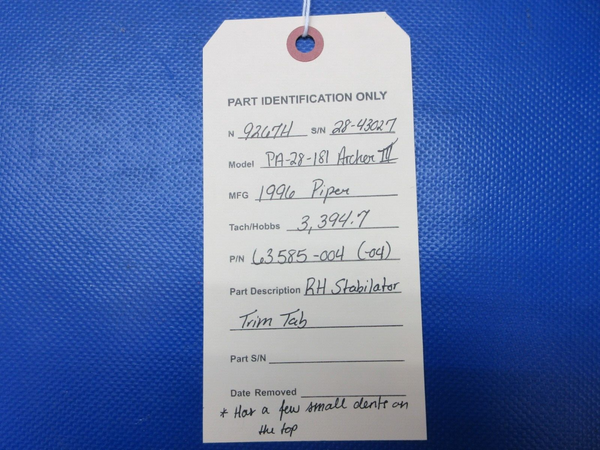 1996 Piper PA-28-181 Archer III RH Stabilator Trim Tab P/N 63585-004 (1024-1331)