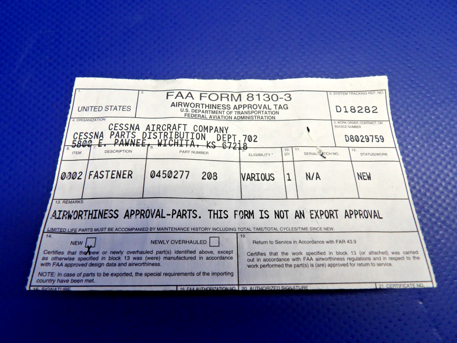 Cessna Inter Cylinder Baffle Fastener w 8130 0450277-208 LOT OF 3 NOS (0426-12503