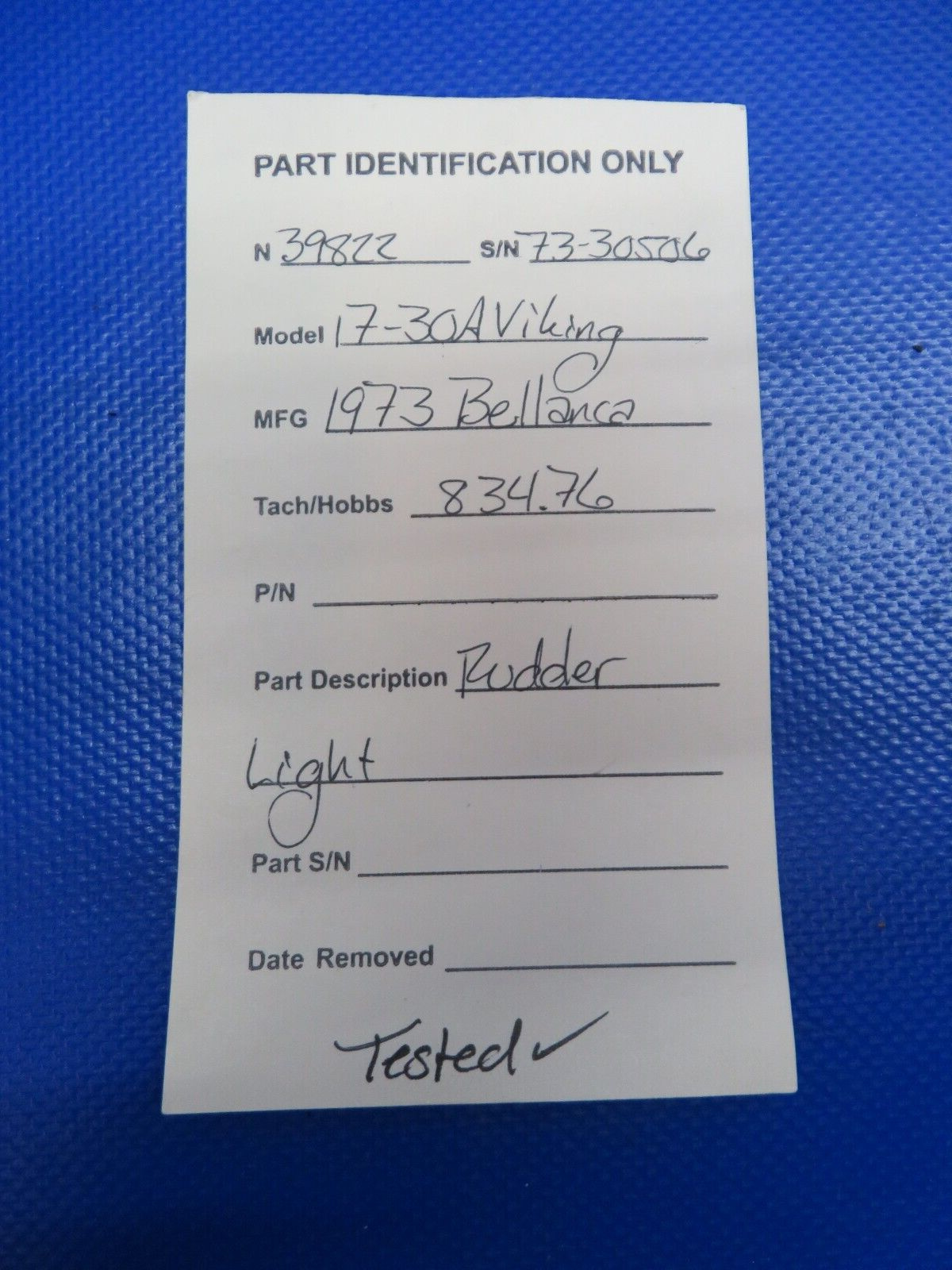 Bellanca 17-30A Viking Rudder  / Tail Light TESTED (0624-111)