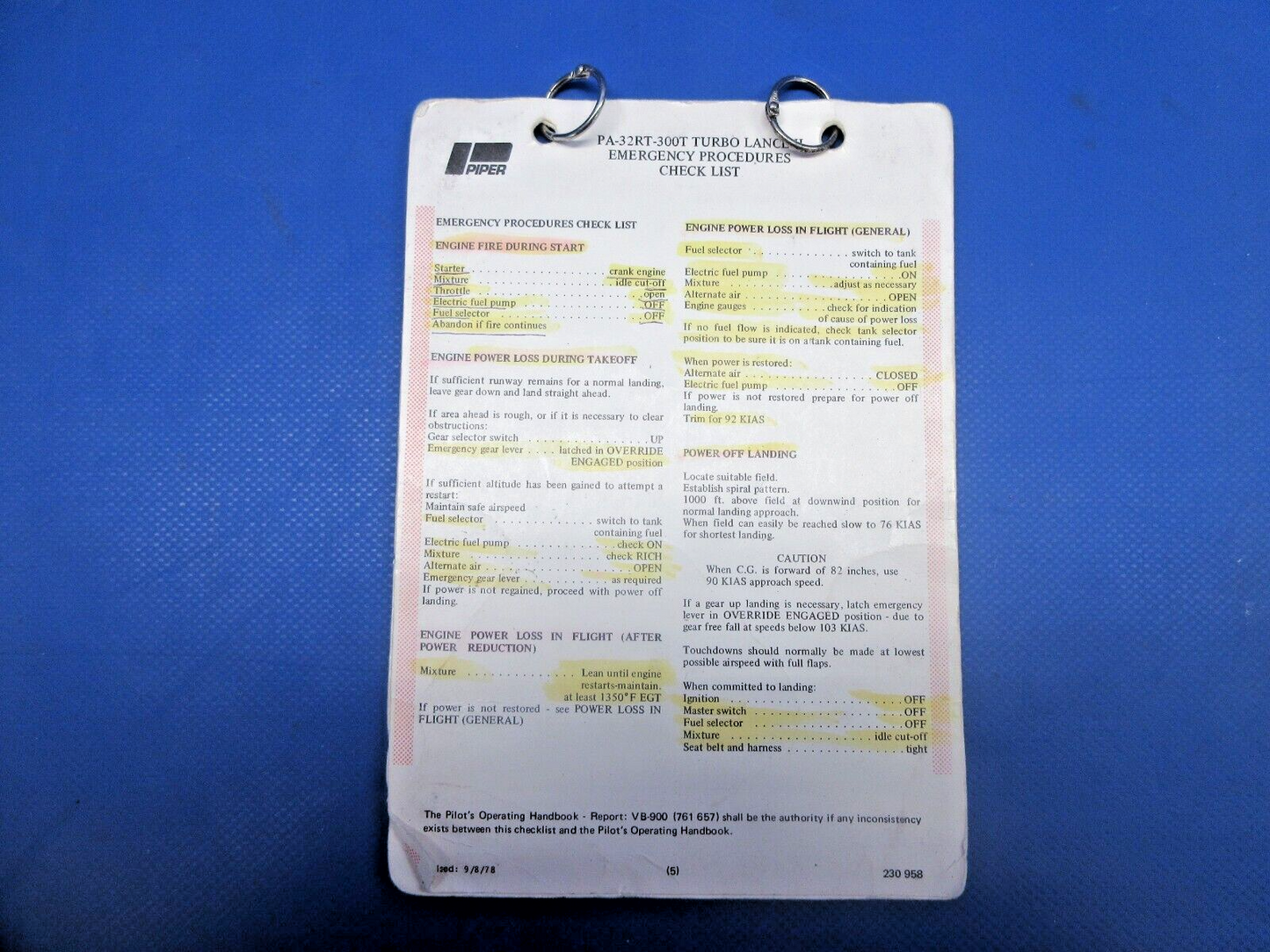 Piper PA-32RT-300T Pilot Operating Handbooks & Check List P/N 230-58 (1124-702)
