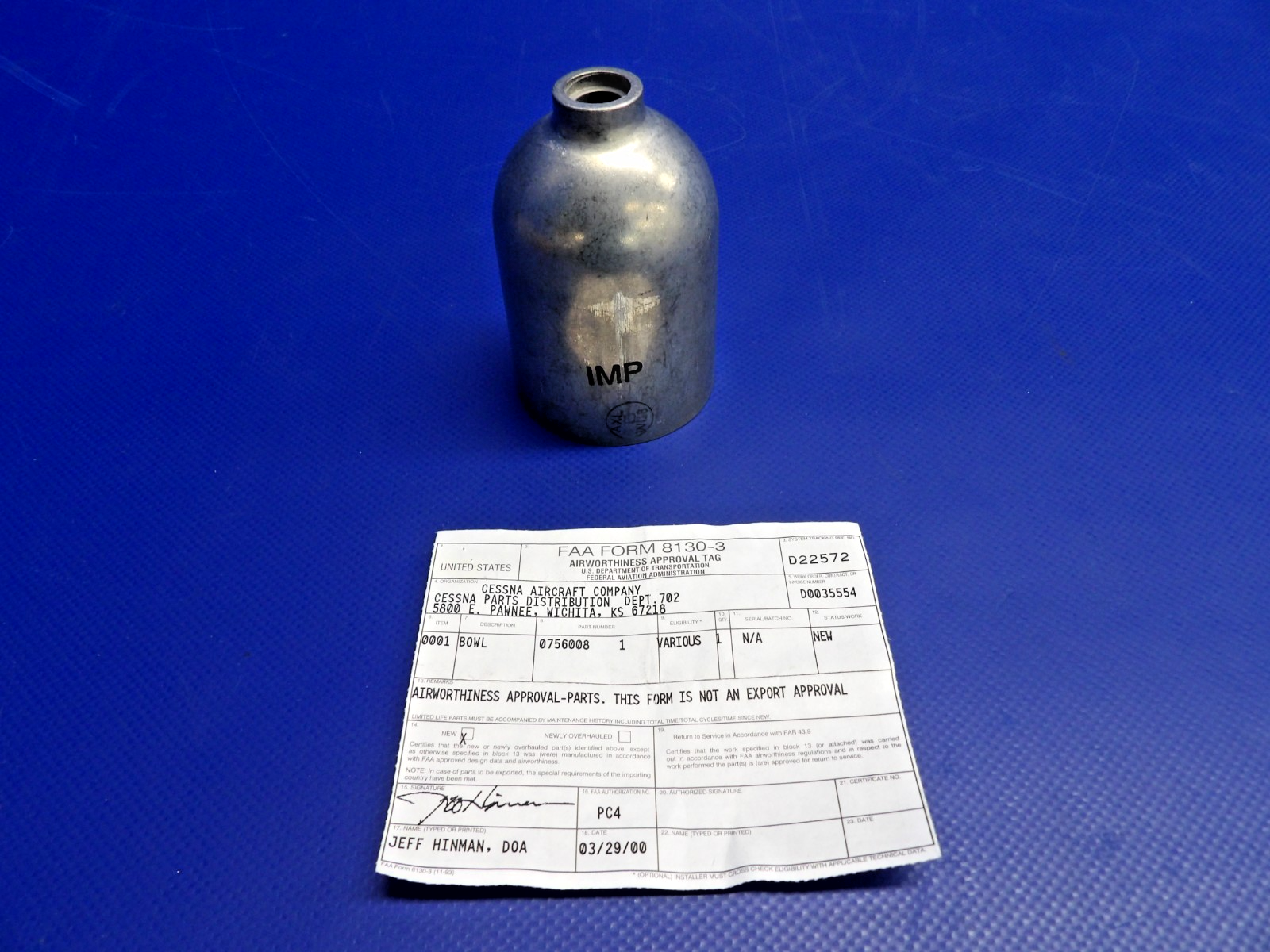 Cessna Fuel Strainer Bowl w/ 8130 P/N 0756008-1 NOS (0426-1238)3
