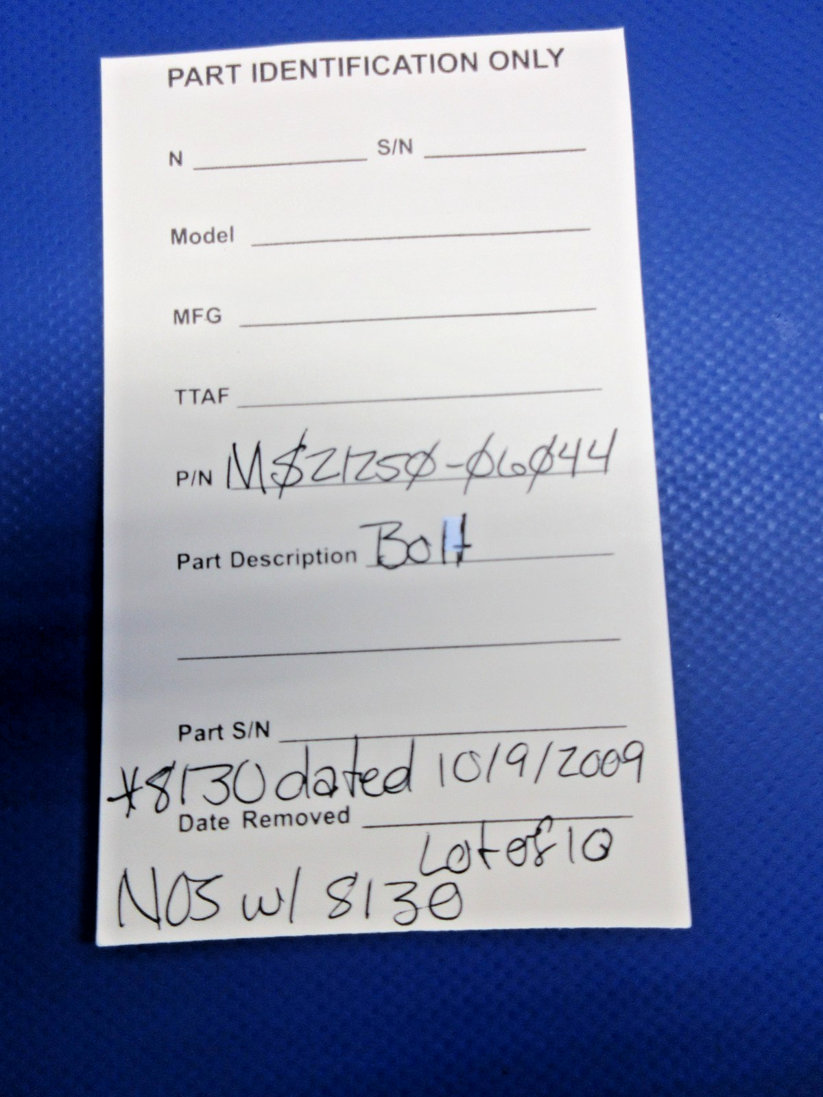 Bolt w/8130 P/N MS21250-06044 LOT OF 10 NOS (0326-902)11