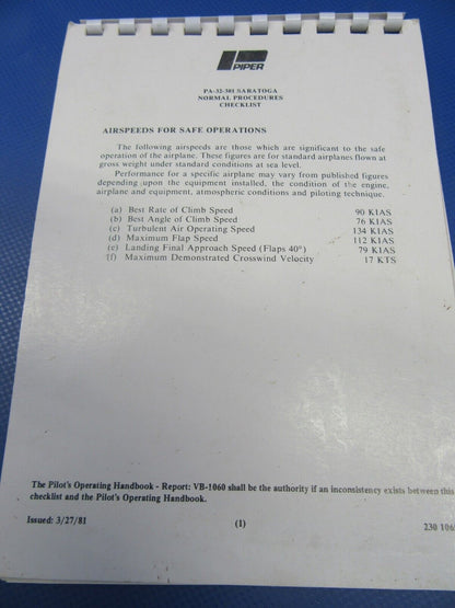 Various Original Piper Checklists PA-28 / PA-32 Lot of 9 (0124-31)