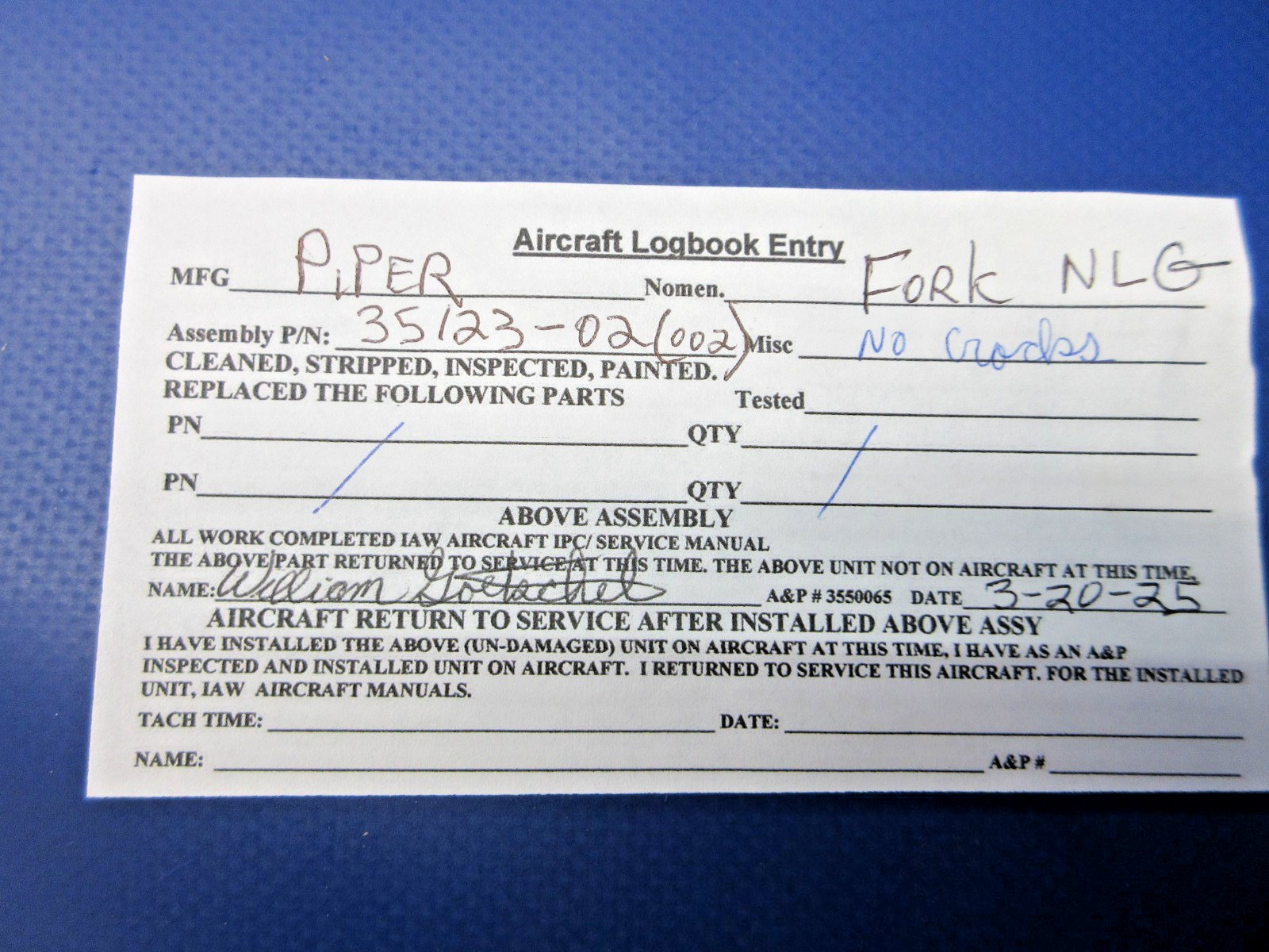 Piper PA-28-151 /161 Nose Gear Fork P/N 35123-02 INSPECTED (0426-822)2