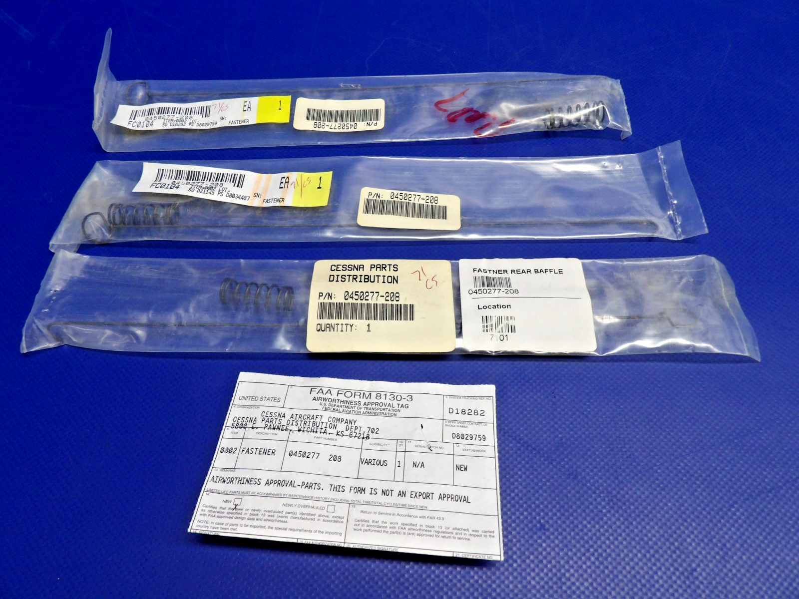 Cessna Inter Cylinder Baffle Fastener w 8130 0450277-208 LOT OF 3 NOS (0426-12502